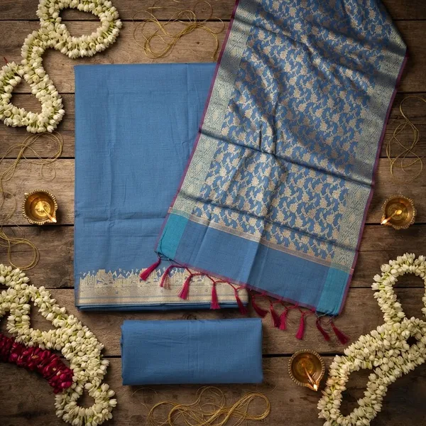 Peacockblue_Banarasi_Unstitched_Suit_Fabric_|_Cotton_Silk_Dress_Material_with_Zari_Weaving