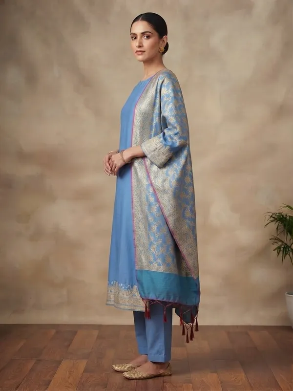 Peacockblue_Banarasi_Unstitched_Suit_Fabric_|_Cotton_Silk_Dress_Material_with_Zari_Weaving