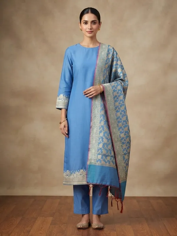 Peacockblue_Banarasi_Unstitched_Suit_Fabric_|_Cotton_Silk_Dress_Material_with_Zari_Weaving