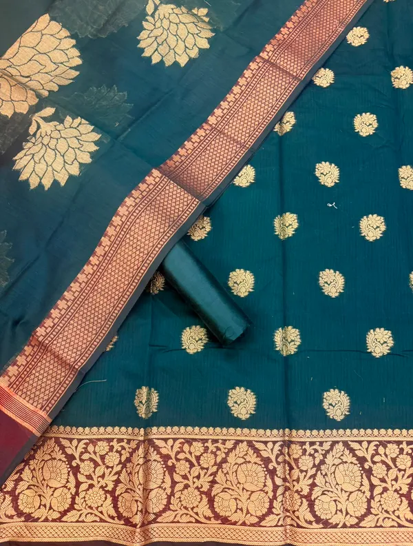 Bottle_green_Banarasi_Unstitched_Suit_Fabric_|_Cotton_Silk_Dress_Material_with_Zari_Weaving
