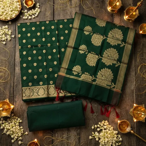 Bottle_green_Banarasi_Unstitched_Suit_Fabric_|_Cotton_Silk_Dress_Material_with_Zari_Weaving