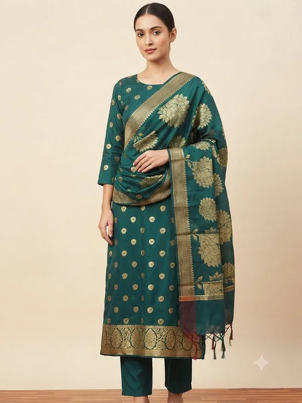Bottle_green_Banarasi_Unstitched_Suit_Fabric_|_Cotton_Silk_Dress_Material_with_Zari_Weaving