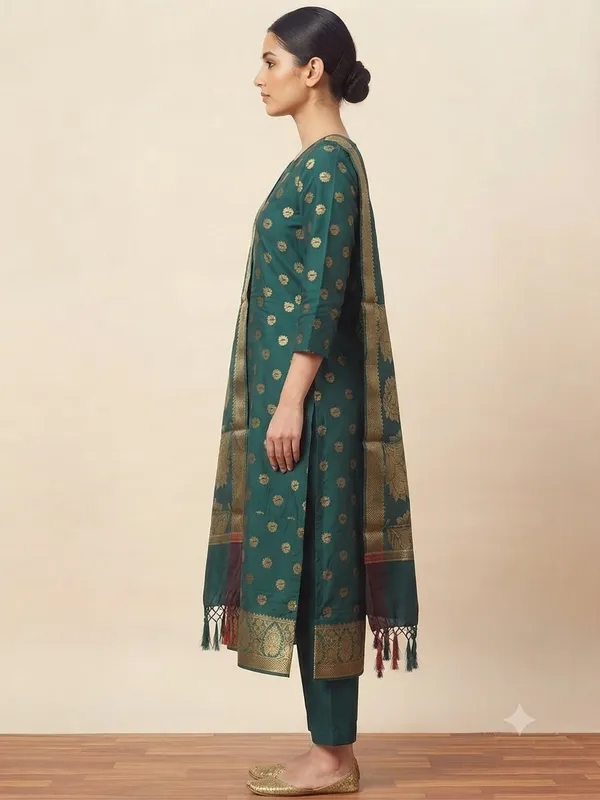 Bottle_green_Banarasi_Unstitched_Suit_Fabric_|_Cotton_Silk_Dress_Material_with_Zari_Weaving