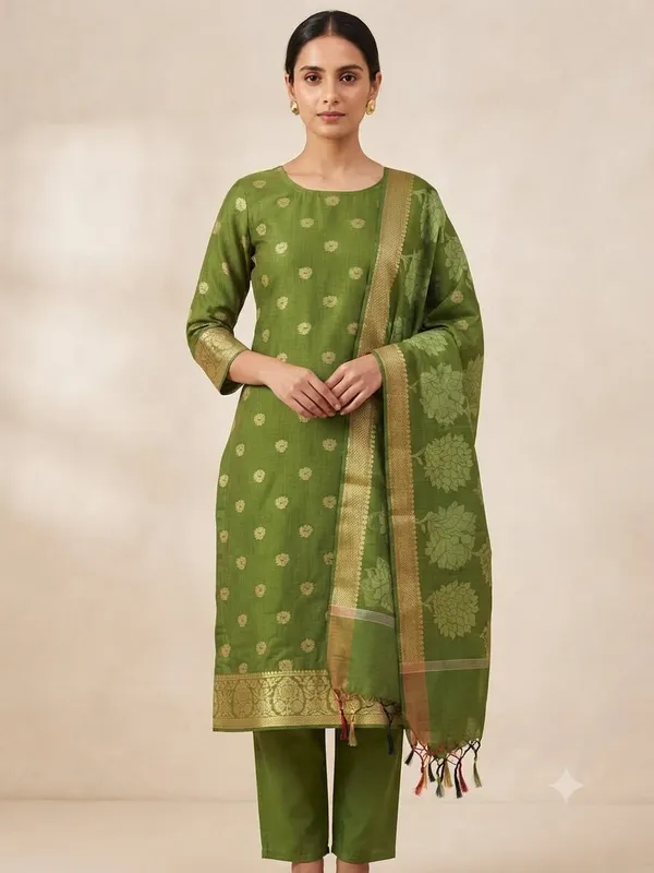 Mehendi_Banarasi_Unstitched_Suit_Fabric_|_Cotton_Silk_Dress_Material_with_Zari_Weaving