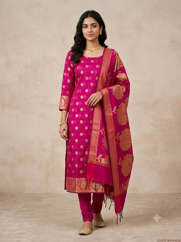 Rani_Pink_Banarasi_Unstitched_Suit_Fabric_|_Cotton_Silk_Dress_Material_with_Zari_Weaving