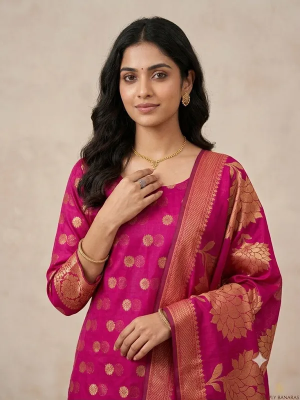 Rani_Pink_Banarasi_Unstitched_Suit_Fabric_|_Cotton_Silk_Dress_Material_with_Zari_Weaving