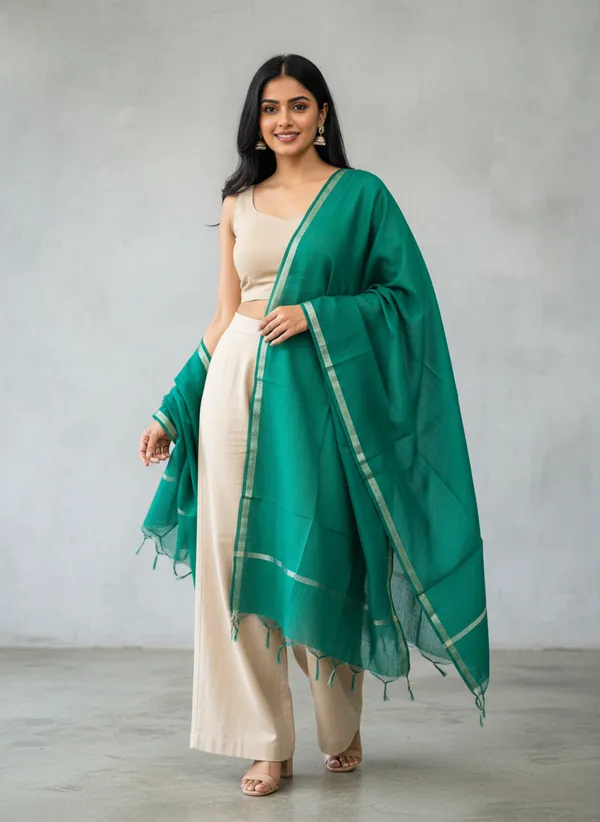 Green_Banarasi_Plain_Dupatta_with_Zari_Border_for_Women_|_Lightweight_Traditional_Ethnic_Dupatta