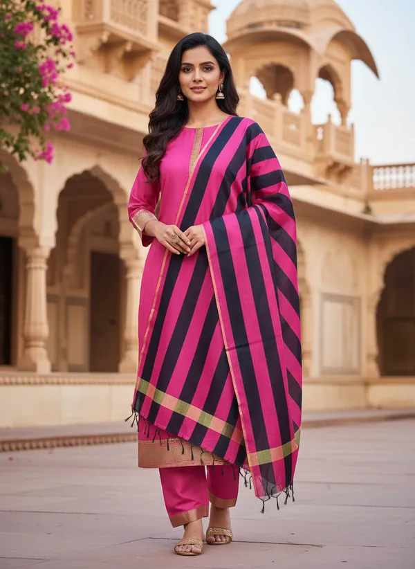 Rani_Pink_Banarasi_Cotton_Silk_Plain_Zari_Border_Unstitched_Suit_Set_with_Dupatta_|_Womens_Festive_Ethnic_Wear