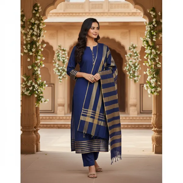 Navy_Blue_Banarasi_Cotton_Silk_Plain_Zari_Striped_Border_Suit_Unstitched_Set_with_Dupatta_|_Womens_Festive_Ethnic_Wear
