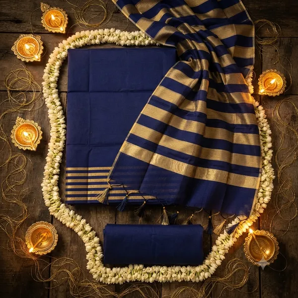 Navy_Blue_Banarasi_Cotton_Silk_Plain_Zari_Striped_Border_Suit_Unstitched_Set_with_Dupatta_|_Womens_Festive_Ethnic_Wear