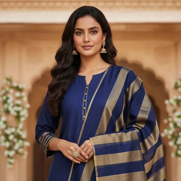 Navy_Blue_Banarasi_Cotton_Silk_Plain_Zari_Striped_Border_Suit_Unstitched_Set_with_Dupatta_|_Womens_Festive_Ethnic_Wear