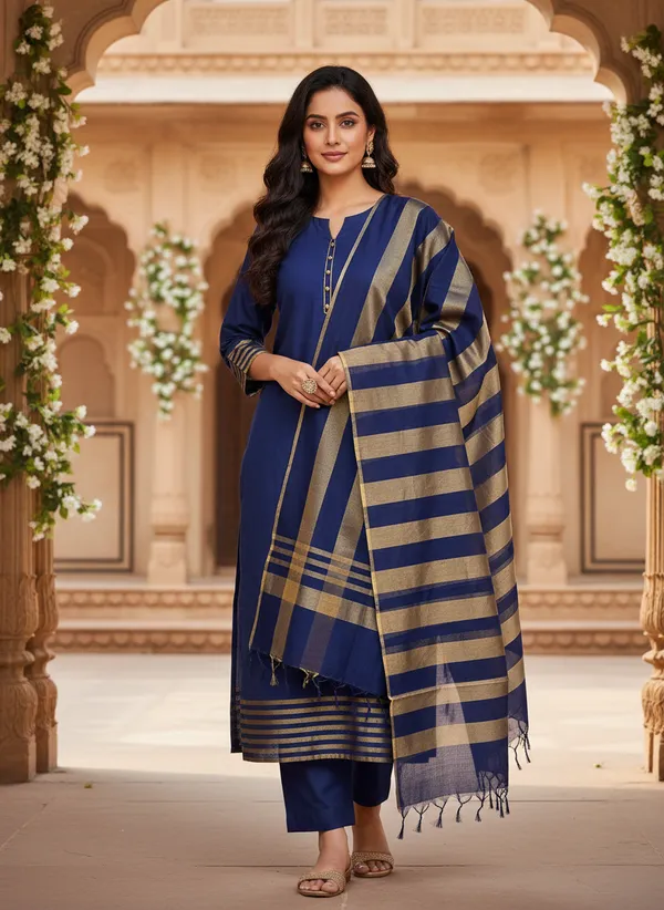 Navy_Blue_Banarasi_Cotton_Silk_Plain_Zari_Striped_Border_Suit_Unstitched_Set_with_Dupatta_|_Womens_Festive_Ethnic_Wear