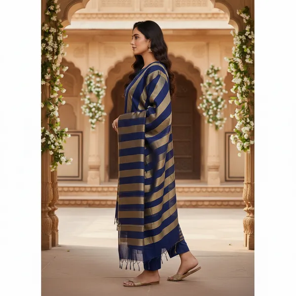 Navy_Blue_Banarasi_Cotton_Silk_Plain_Zari_Striped_Border_Suit_Unstitched_Set_with_Dupatta_|_Womens_Festive_Ethnic_Wear