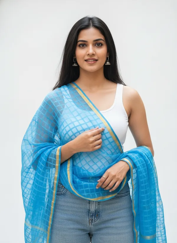 Light_Blue_Banarasi_Bada_Check_/_Self-Color_Checkered_Dupatta_For_Women