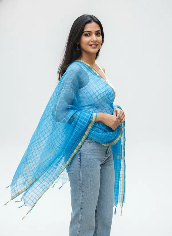 Light_Blue_Banarasi_Bada_Check_/_Self-Color_Checkered_Dupatta_For_Women
