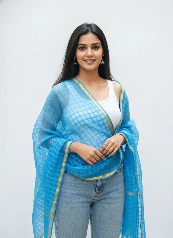 Light_Blue_Banarasi_Bada_Check_/_Self-Color_Checkered_Dupatta_For_Women