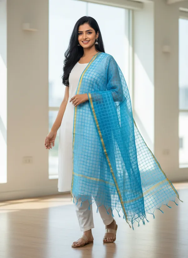 Light_Blue_Banarasi_Bada_Check_/_Self-Color_Checkered_Dupatta_For_Women