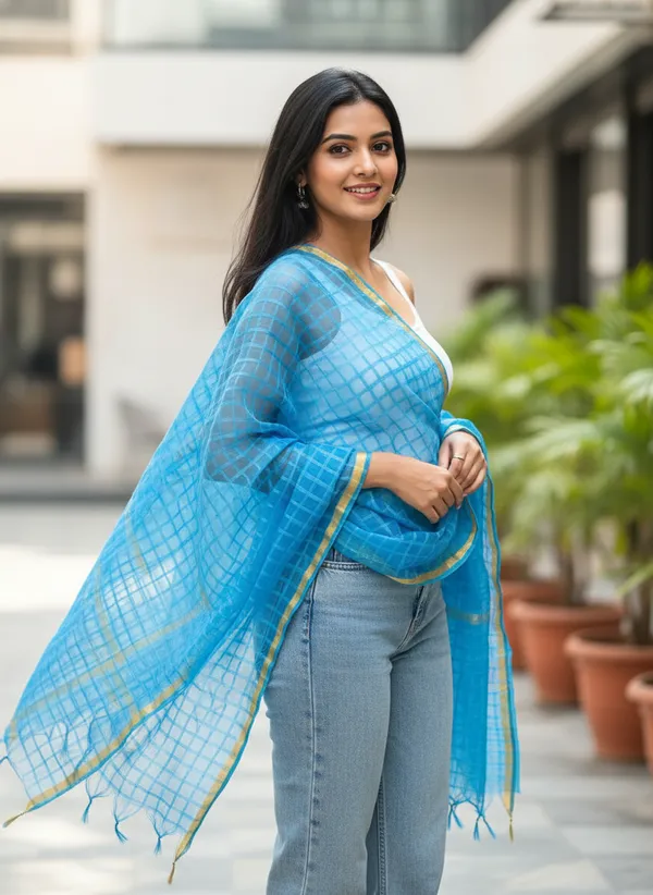 Light_Blue_Banarasi_Bada_Check_/_Self-Color_Checkered_Dupatta_For_Women