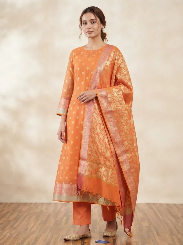 Peach_Banarasi_Unstitched_Suit_Fabric_|_Cotton_Silk_Dress_Material_with_Zari_Weaving