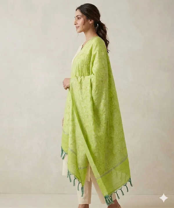 Green_Banarasi_Jaal_Work__/_Self-Color_Cotton_Silk_Zari_Checkered_Dupatta_For_Women