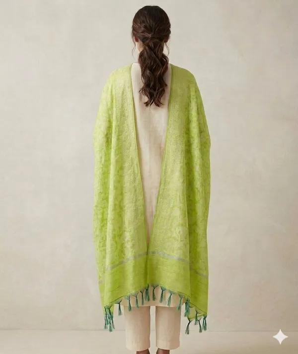 Green_Banarasi_Jaal_Work__/_Self-Color_Cotton_Silk_Zari_Checkered_Dupatta_For_Women