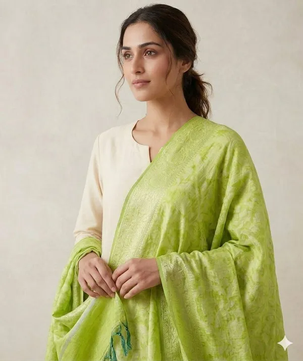Green_Banarasi_Jaal_Work__/_Self-Color_Cotton_Silk_Zari_Checkered_Dupatta_For_Women