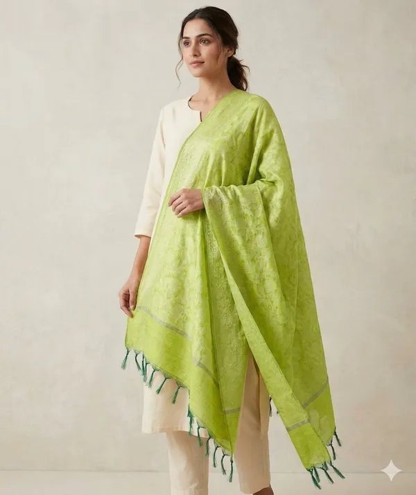 Green_Banarasi_Jaal_Work__/_Self-Color_Cotton_Silk_Zari_Checkered_Dupatta_For_Women