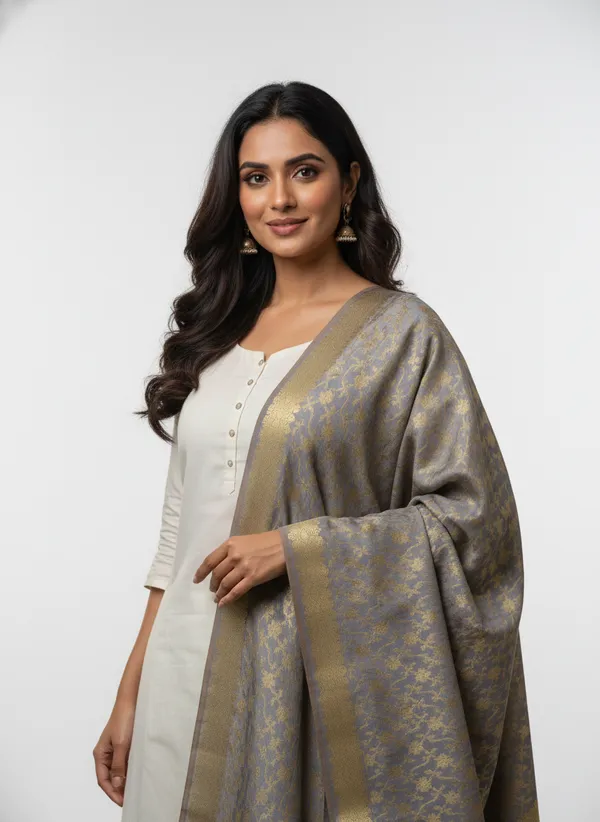 Grey_Banarasi_Jaal_Work__/_Self-Color_Cotton_Silk_Zari_Checkered_Dupatta_For_Women