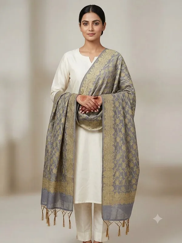 Grey_Banarasi_Jaal_Work__/_Self-Color_Cotton_Silk_Zari_Checkered_Dupatta_For_Women