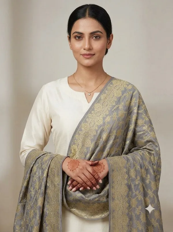 Grey_Banarasi_Jaal_Work__/_Self-Color_Cotton_Silk_Zari_Checkered_Dupatta_For_Women