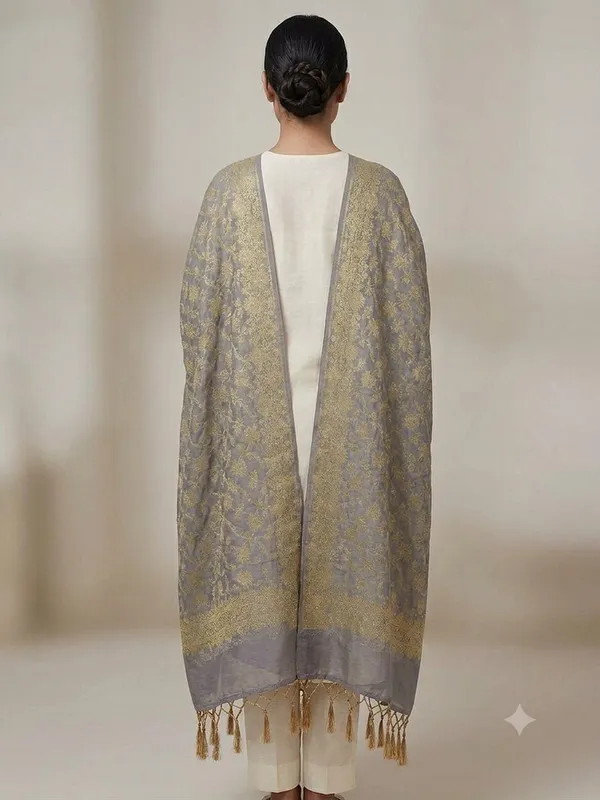 Grey_Banarasi_Jaal_Work__/_Self-Color_Cotton_Silk_Zari_Checkered_Dupatta_For_Women