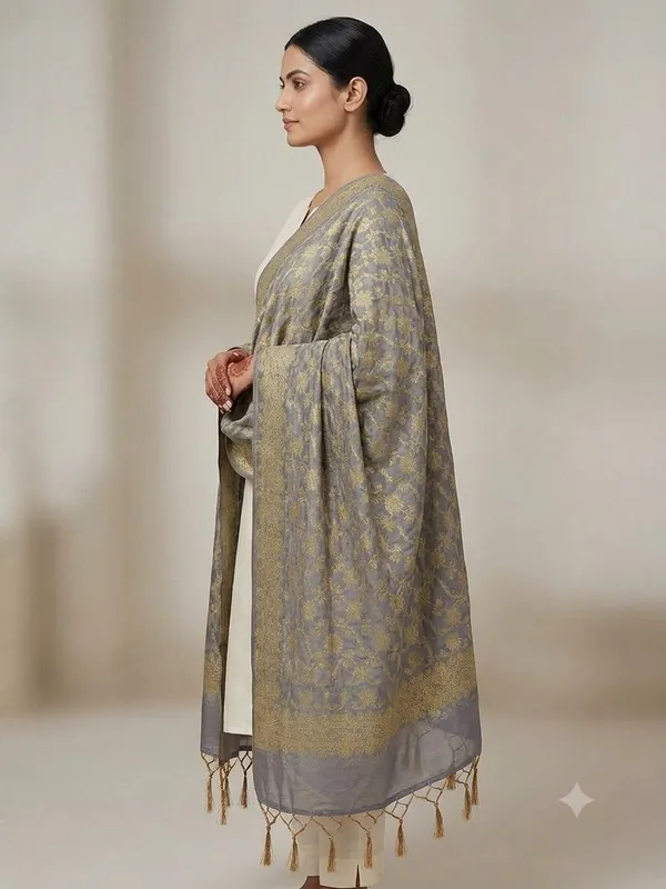 Grey_Banarasi_Jaal_Work__/_Self-Color_Cotton_Silk_Zari_Checkered_Dupatta_For_Women