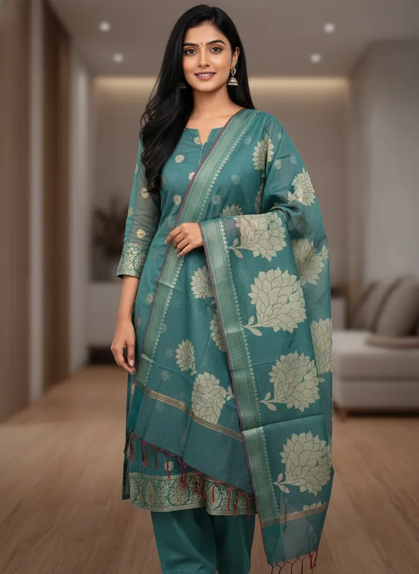 Sea_Green_Banarasi_Women's_Unstitched_Suit_Material_With_Dupatta_For_Women