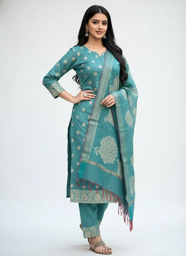 Sea_Green_Banarasi_Women's_Unstitched_Suit_Material_With_Dupatta_For_Women