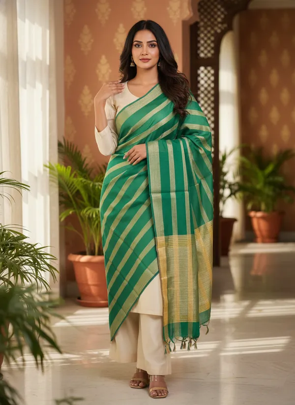 Green_Banarasi_Stripe_Dupatta_For_Women