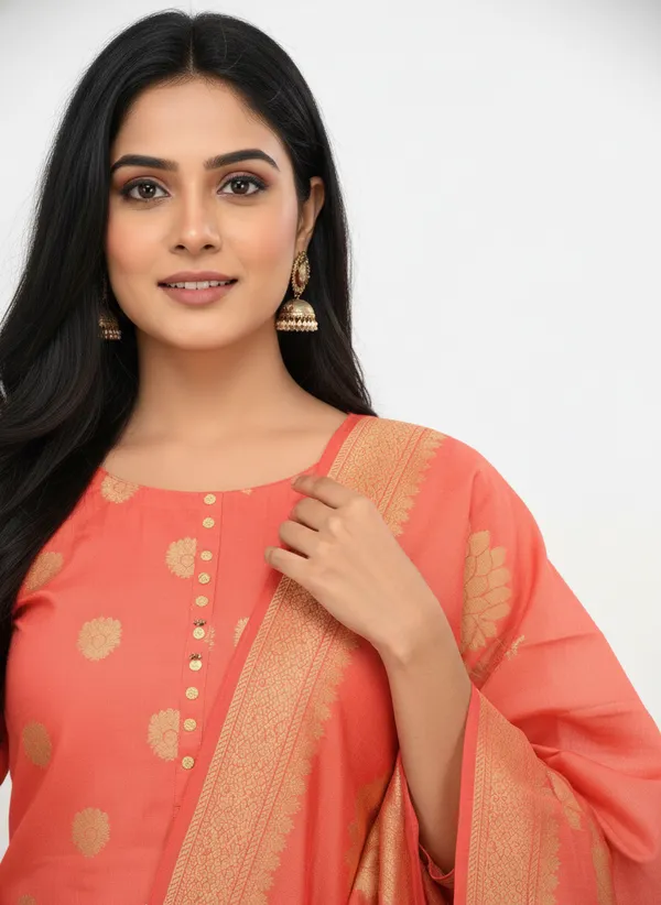 Peach_Banarasi_Women's_Unstitched_Suit_Material_With_Dupatta_For_Women