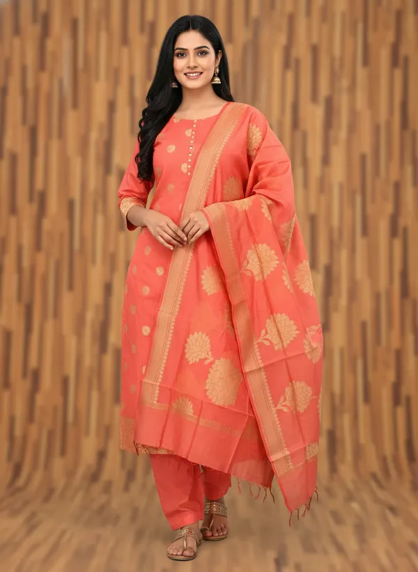 Peach_Banarasi_Women's_Unstitched_Suit_Material_With_Dupatta_For_Women