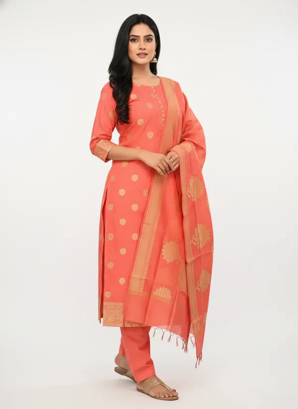 Peach_Banarasi_Women's_Unstitched_Suit_Material_With_Dupatta_For_Women