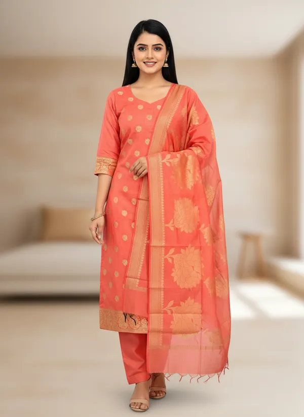 Peach_Banarasi_Women's_Unstitched_Suit_Material_With_Dupatta_For_Women