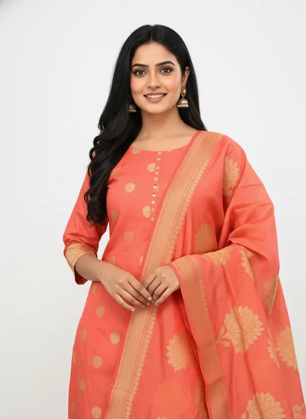 Peach_Banarasi_Women's_Unstitched_Suit_Material_With_Dupatta_For_Women