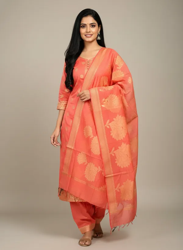 Peach_Banarasi_Women's_Unstitched_Suit_Material_With_Dupatta_For_Women