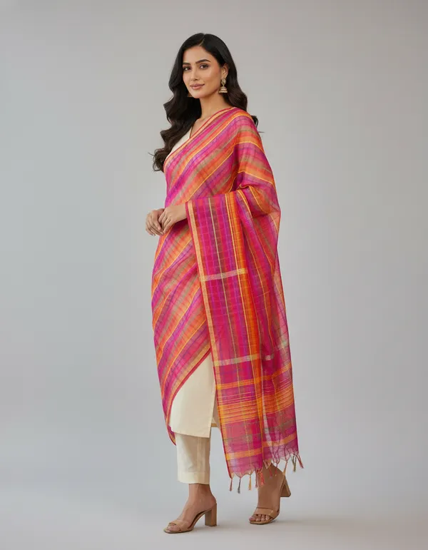 Multicolour_Banarasi_Cotton_Checkred_Dupatta