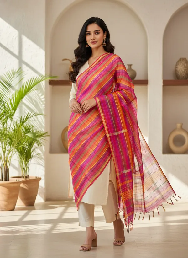 Multicolour_Banarasi_Cotton_Checkred_Dupatta