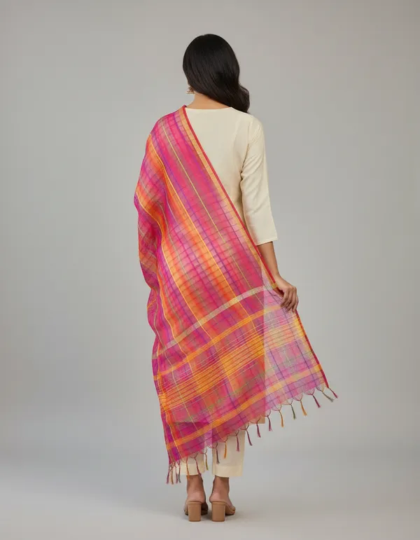 Multicolour_Banarasi_Cotton_Checkred_Dupatta