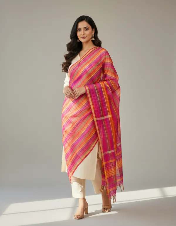 Multicolour_Banarasi_Cotton_Checkred_Dupatta