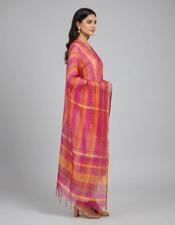Multicolour_Banarasi_Cotton_Checkred_Dupatta