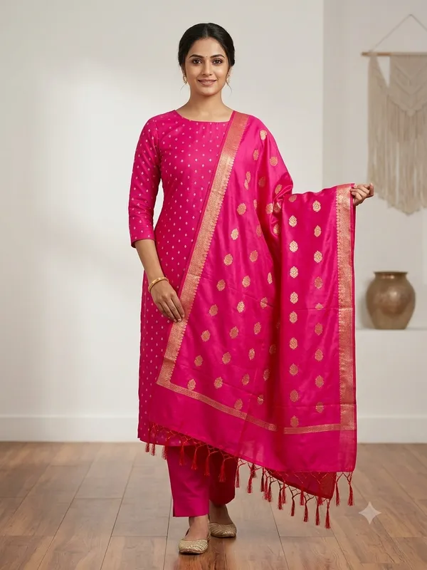 Rani_Pink_Banarasi_Unstitched_Suit_Fabric_|_Cotton_Silk_Dress_Material_with_Zari_Weaving