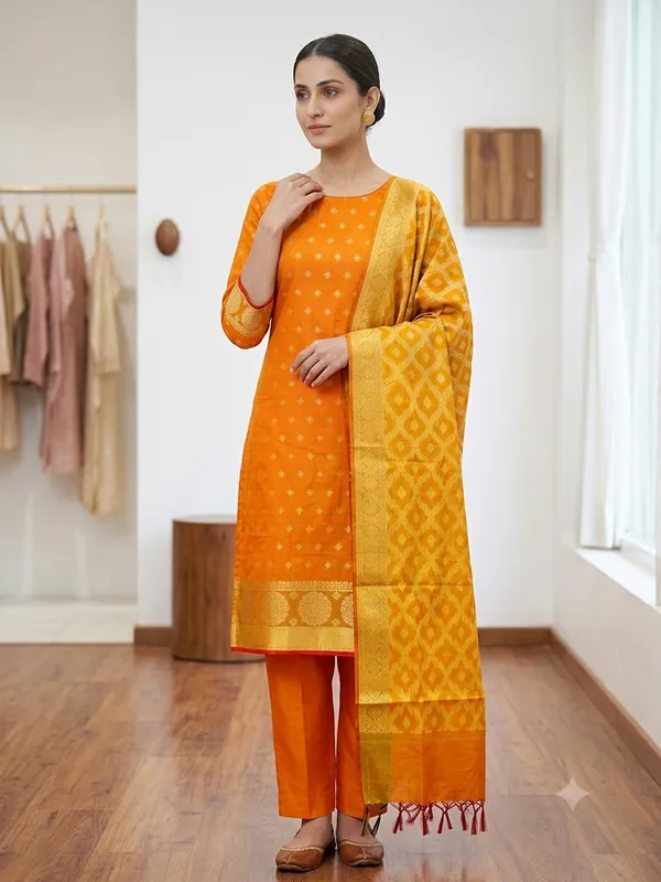 Mustard_Yellow_Banarasi_Women's_Unstitched_Suit_Material_With_Dupatta_For_Women