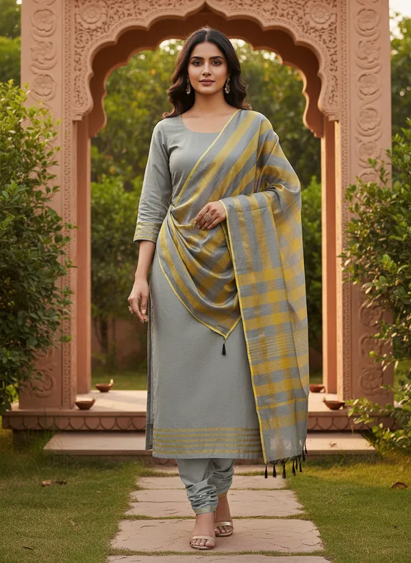 Grey_Banarasi_Cotton_Silk_Plain_Zari_Striped_Border_Unstitched_Suit_Set_with_Dupatta_|_Womens_Festive_Ethnic_Wear