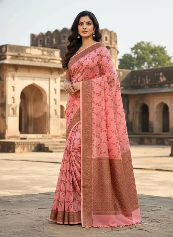 Light_Pink_Banarasi_Cotton_Silk_Thread_Weaved_Saree